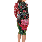 Personalised Australia Waratah And Superb Fairywren Long Sleeve Bodycon Dress Aboriginal Art