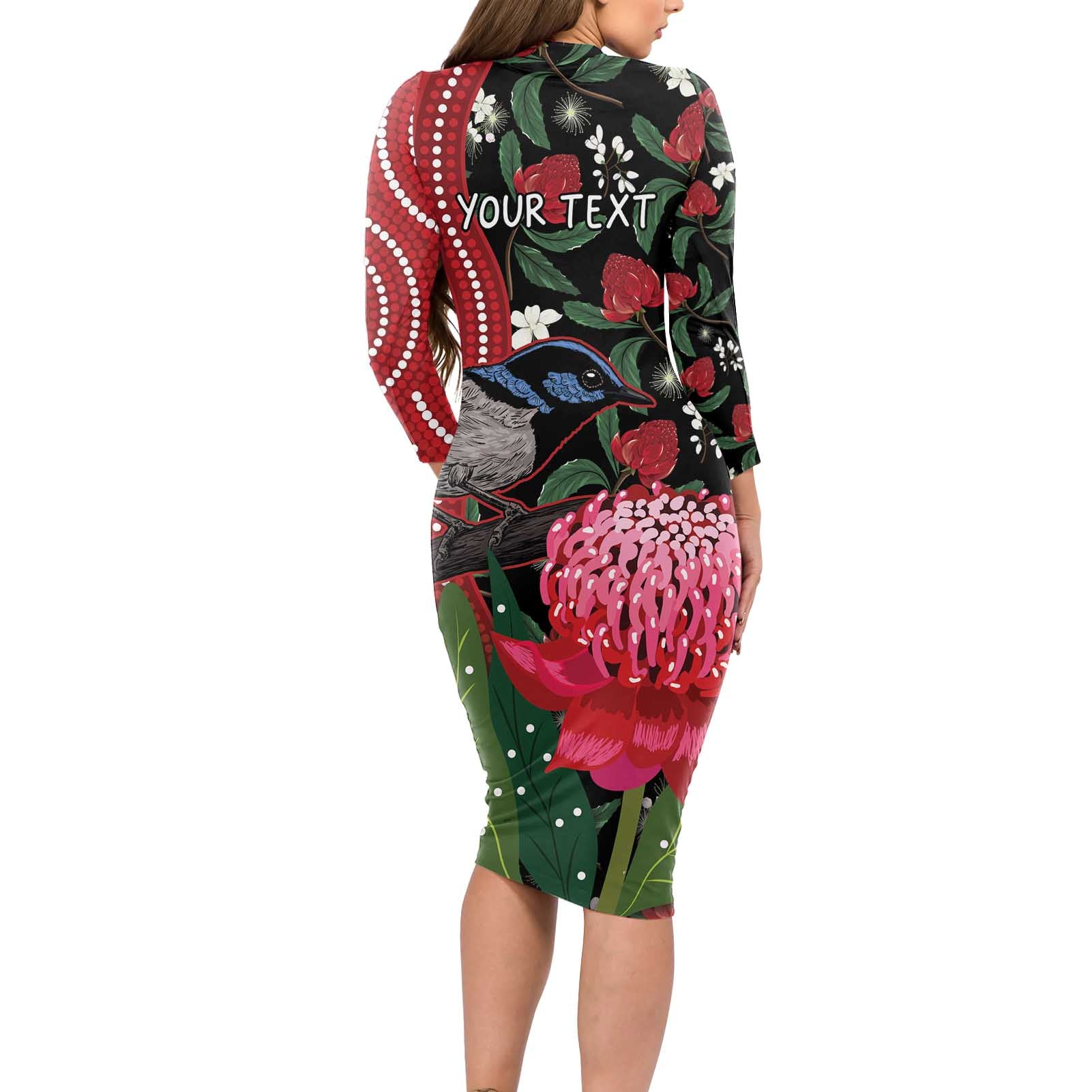Personalised Australia Waratah And Superb Fairywren Long Sleeve Bodycon Dress Aboriginal Art