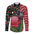 Personalised Australia Waratah And Superb Fairywren Long Sleeve Button Shirt Aboriginal Art