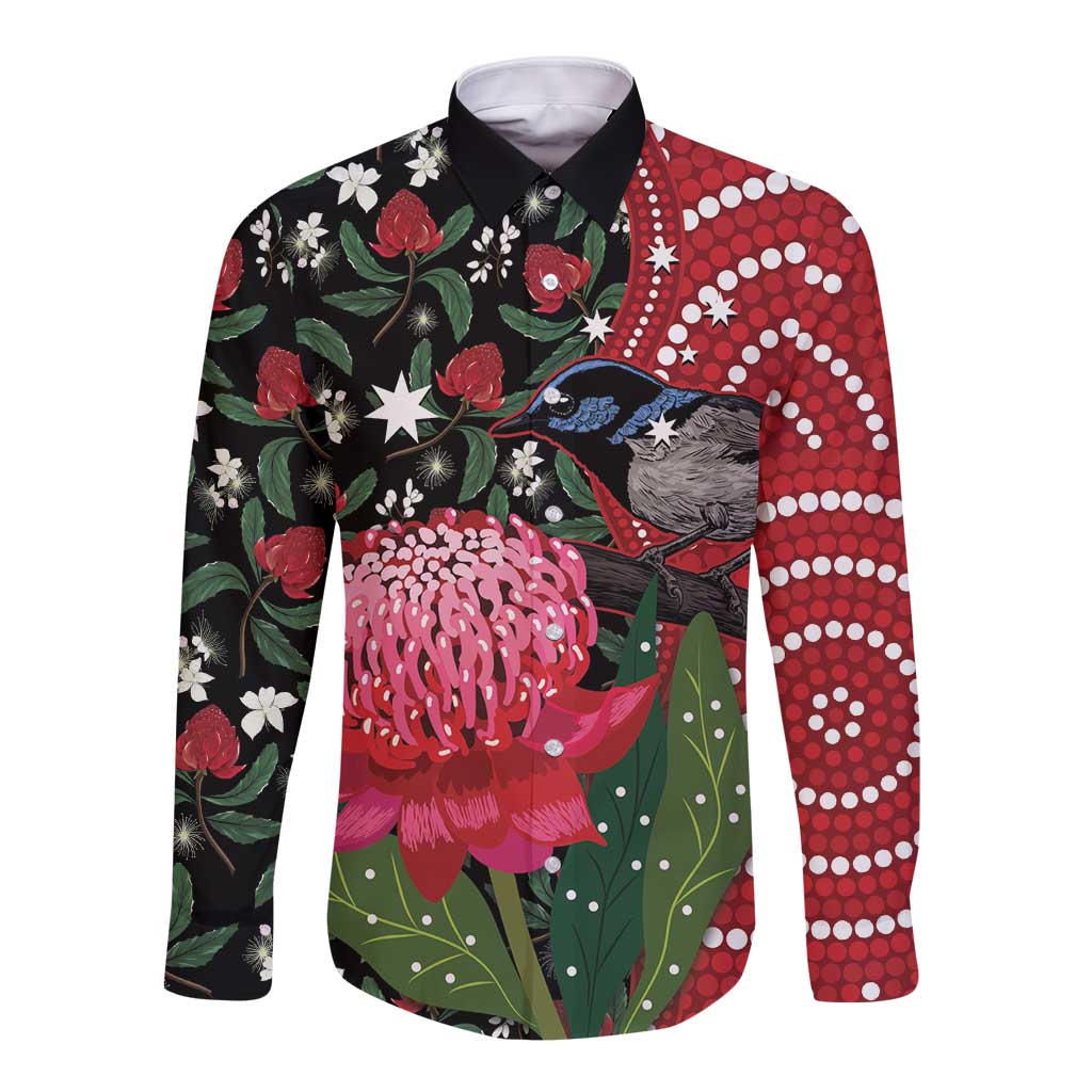 Personalised Australia Waratah And Superb Fairywren Long Sleeve Button Shirt Aboriginal Art