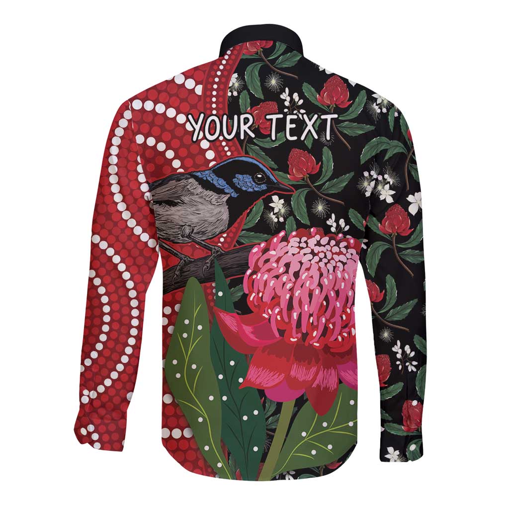 Personalised Australia Waratah And Superb Fairywren Long Sleeve Button Shirt Aboriginal Art