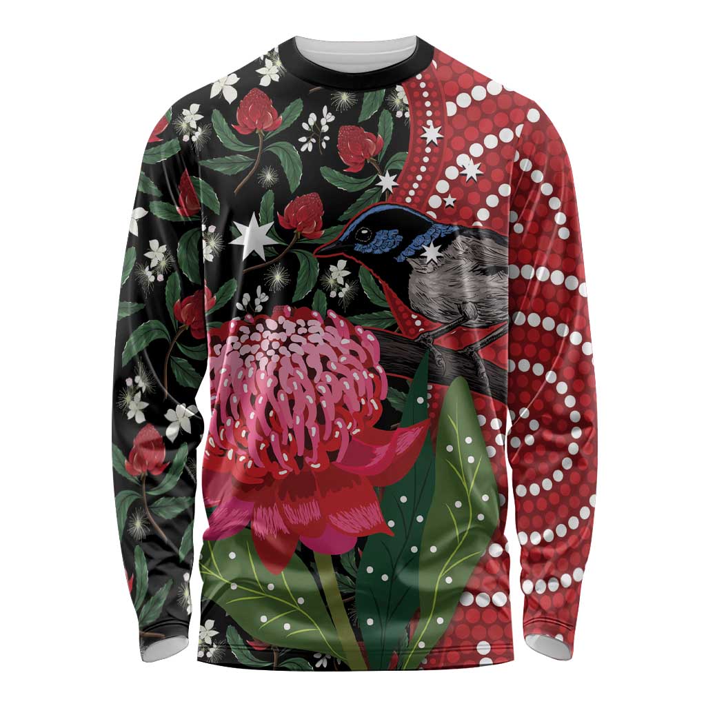 Personalised Australia Waratah And Superb Fairywren Long Sleeve Shirt Aboriginal Art