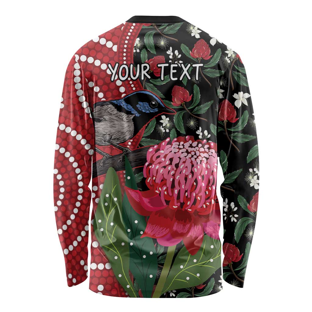 Personalised Australia Waratah And Superb Fairywren Long Sleeve Shirt Aboriginal Art