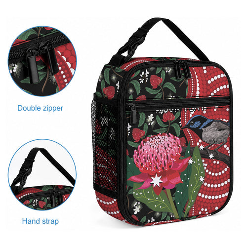 Personalised Australia Waratah And Superb Fairywren Lunch Bag Aboriginal Art