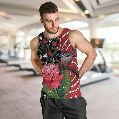 Personalised Australia Waratah And Superb Fairywren Men Tank Top Aboriginal Art