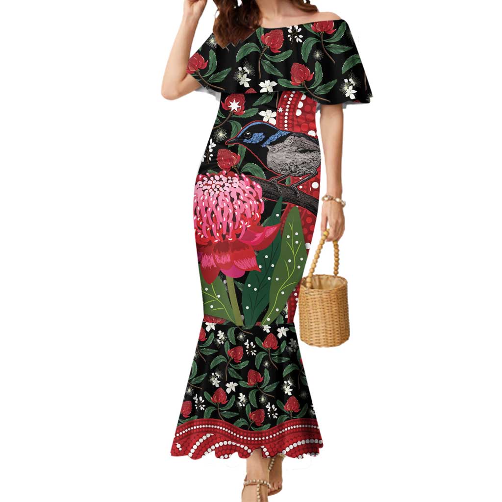 Personalised Australia Waratah And Superb Fairywren Mermaid Dress Aboriginal Art