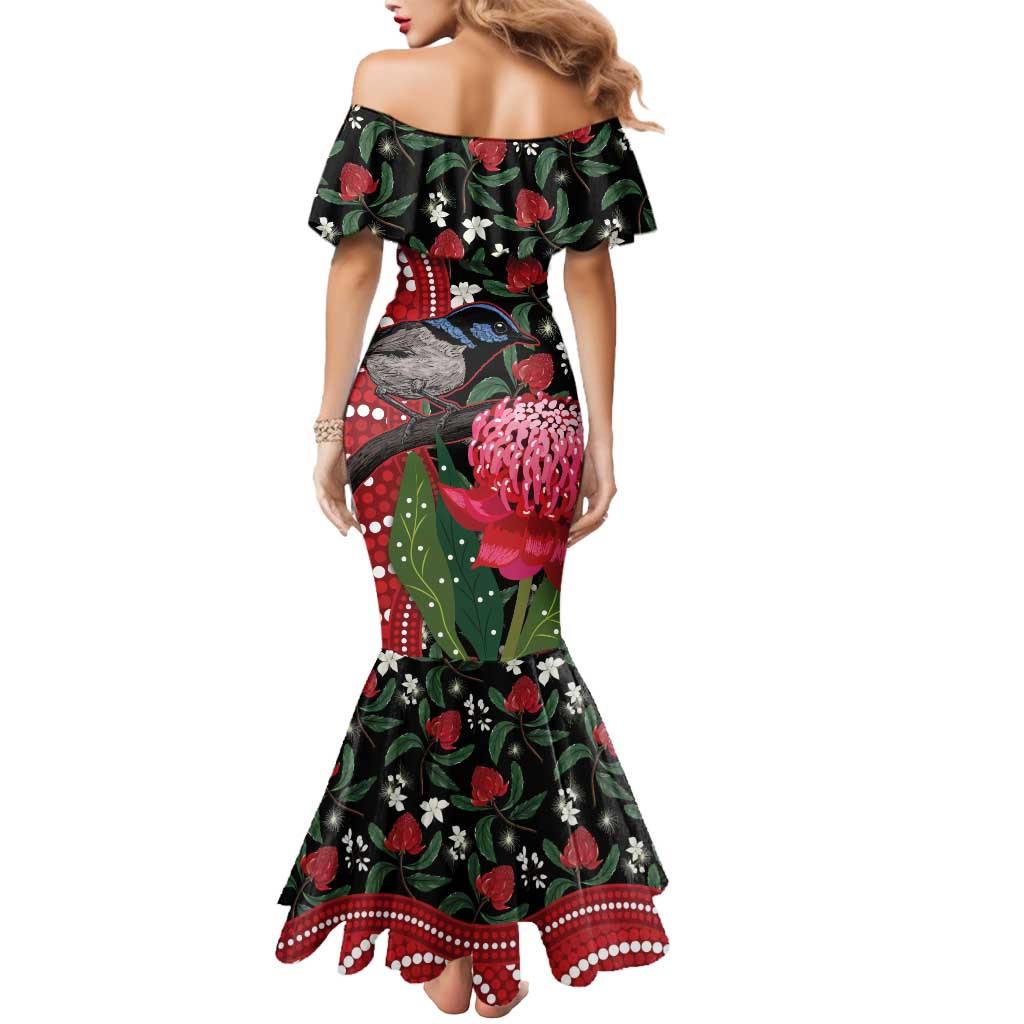 Personalised Australia Waratah And Superb Fairywren Mermaid Dress Aboriginal Art