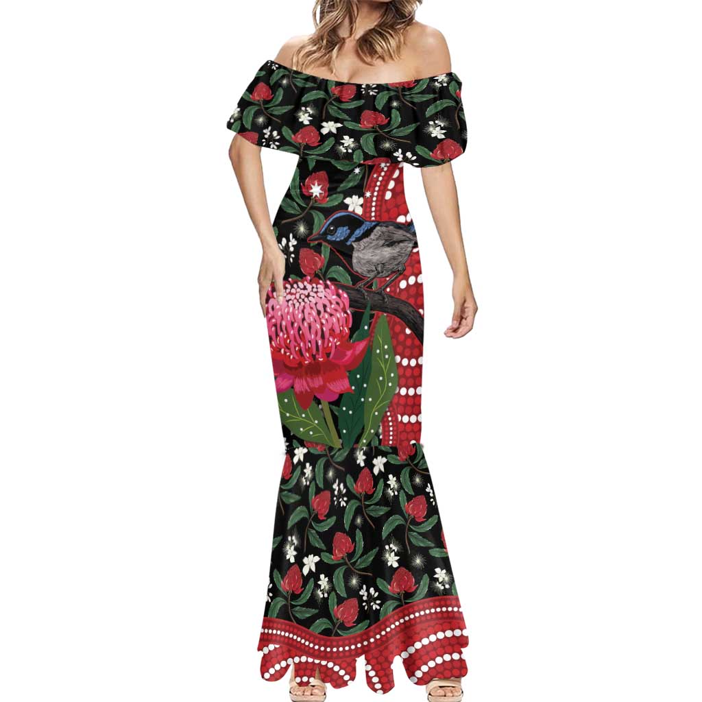 Personalised Australia Waratah And Superb Fairywren Mermaid Dress Aboriginal Art