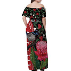 Personalised Australia Waratah And Superb Fairywren Off Shoulder Maxi Dress Aboriginal Art