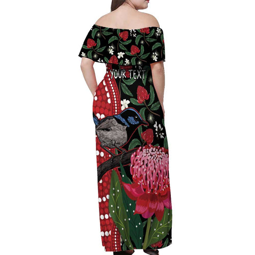 Personalised Australia Waratah And Superb Fairywren Off Shoulder Maxi Dress Aboriginal Art