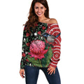Personalised Australia Waratah And Superb Fairywren Off Shoulder Sweater Aboriginal Art