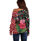Personalised Australia Waratah And Superb Fairywren Off Shoulder Sweater Aboriginal Art