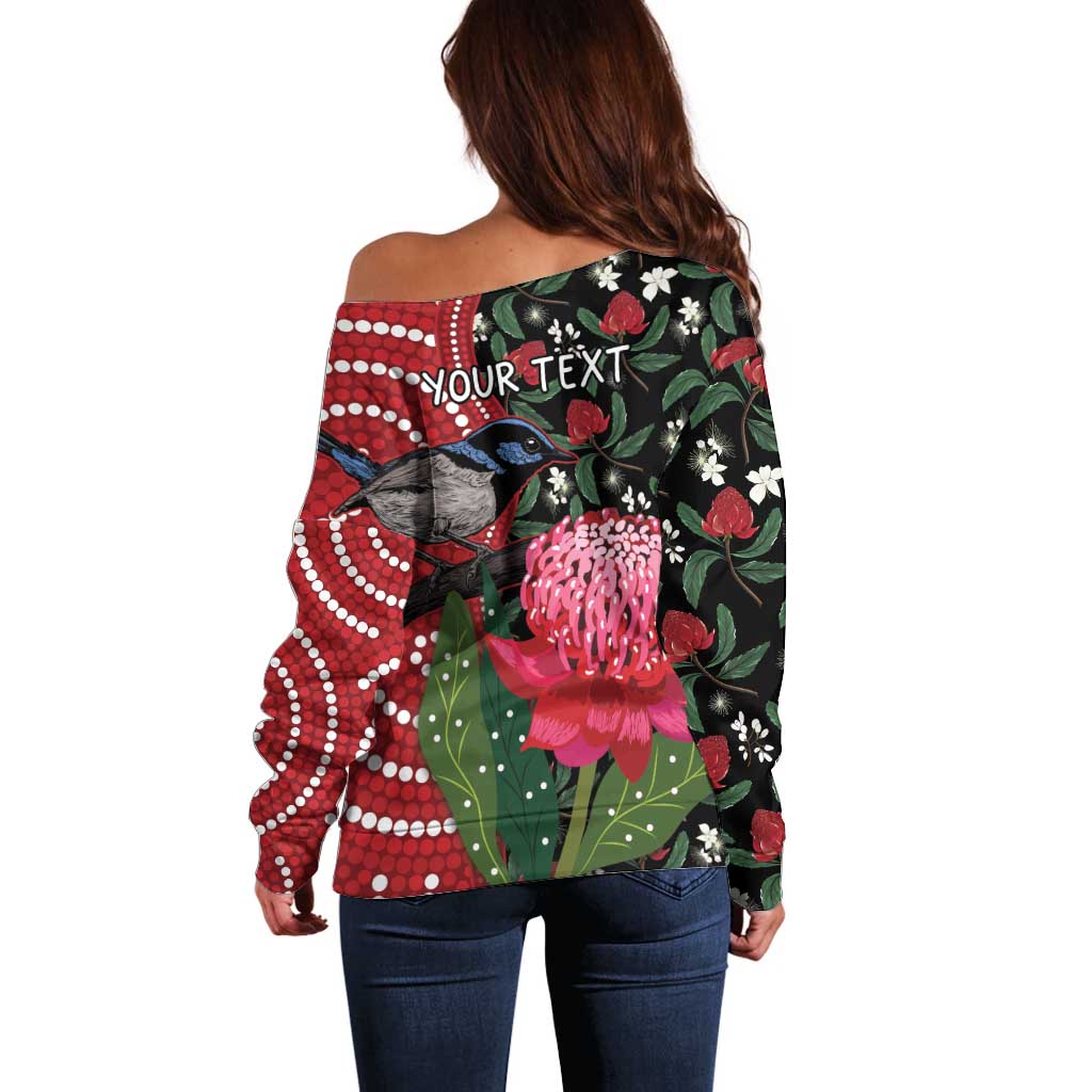 Personalised Australia Waratah And Superb Fairywren Off Shoulder Sweater Aboriginal Art