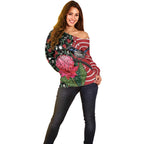Personalised Australia Waratah And Superb Fairywren Off Shoulder Sweater Aboriginal Art