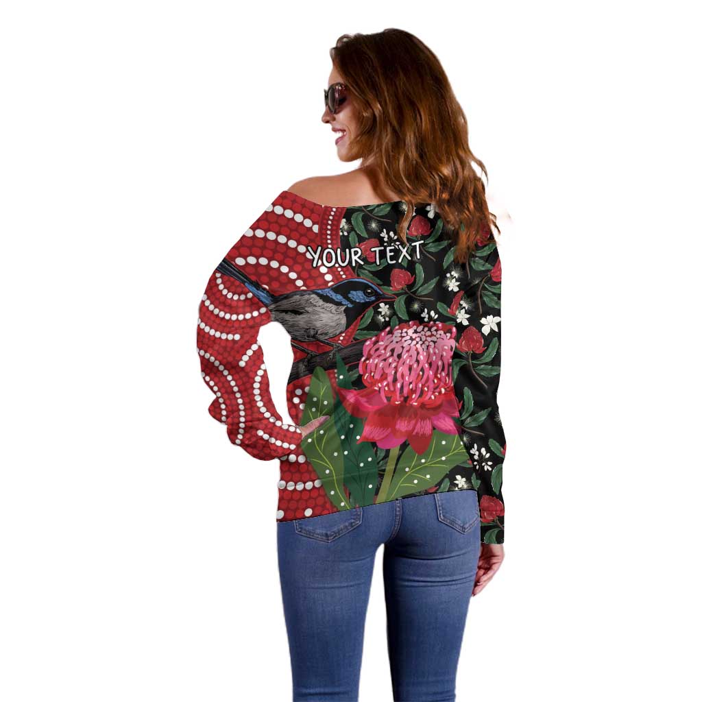 Personalised Australia Waratah And Superb Fairywren Off Shoulder Sweater Aboriginal Art