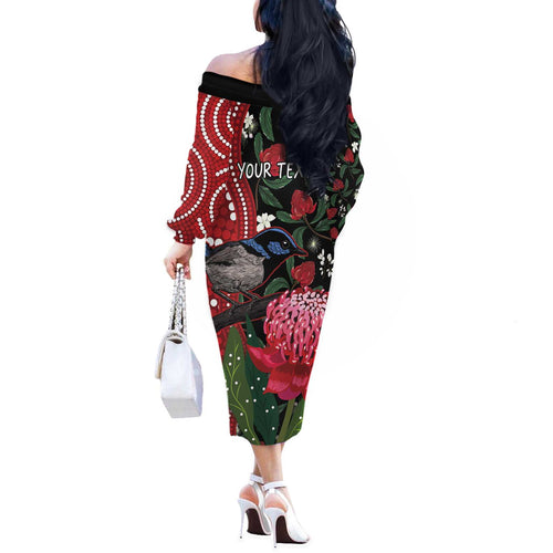 Personalised Australia Waratah And Superb Fairywren Off The Shoulder Long Sleeve Dress Aboriginal Art