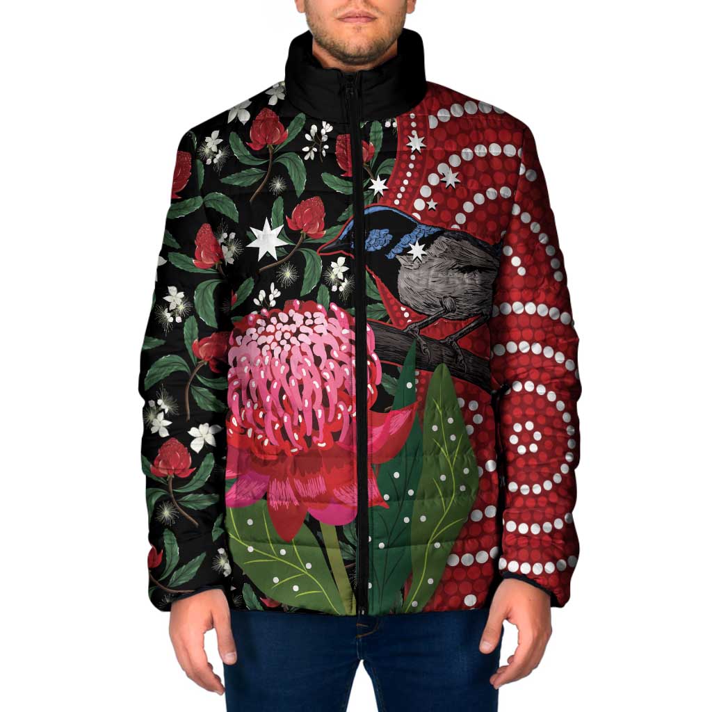 Personalised Australia Waratah And Superb Fairywren Padded Jacket Aboriginal Art - Aussie Hoodie