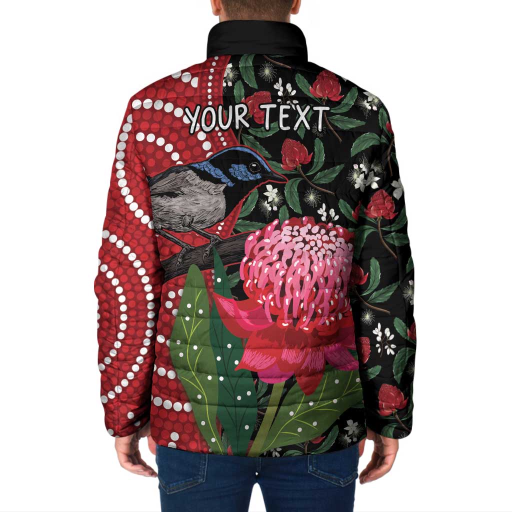 Personalised Australia Waratah And Superb Fairywren Padded Jacket Aboriginal Art - Aussie Hoodie