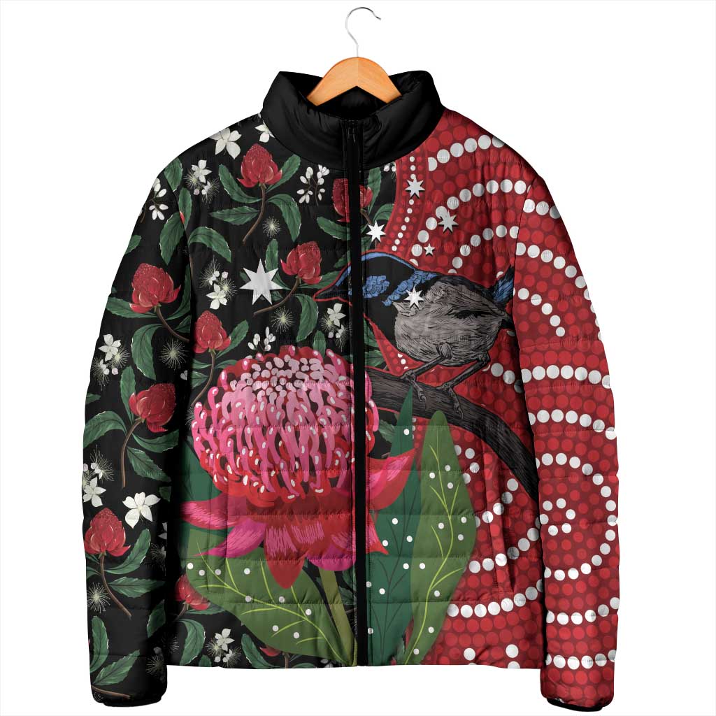 Personalised Australia Waratah And Superb Fairywren Padded Jacket Aboriginal Art - Aussie Hoodie