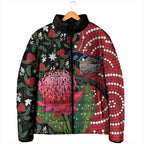 Personalised Australia Waratah And Superb Fairywren Padded Jacket Aboriginal Art - Aussie Hoodie