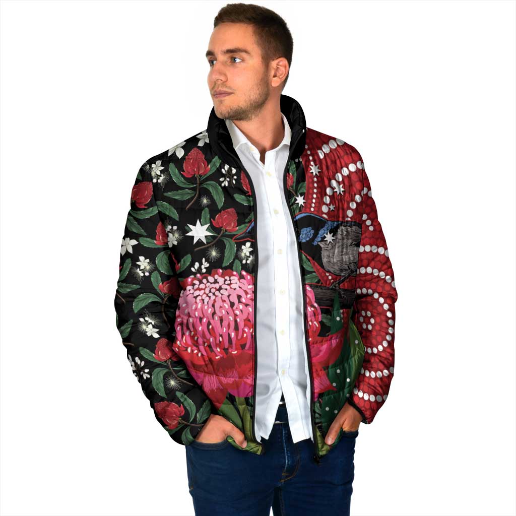 Personalised Australia Waratah And Superb Fairywren Padded Jacket Aboriginal Art - Aussie Hoodie