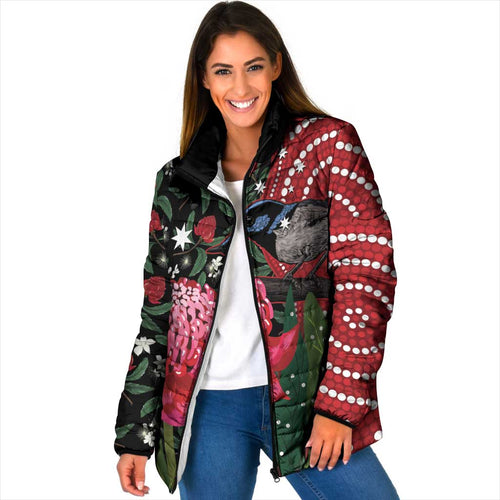 Personalised Australia Waratah And Superb Fairywren Padded Jacket Aboriginal Art - Aussie Hoodie