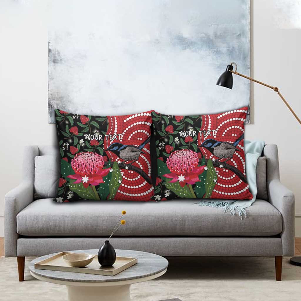 Personalised Australia Waratah And Superb Fairywren Pillow Cover Aboriginal Art - Aussie Hoodie
