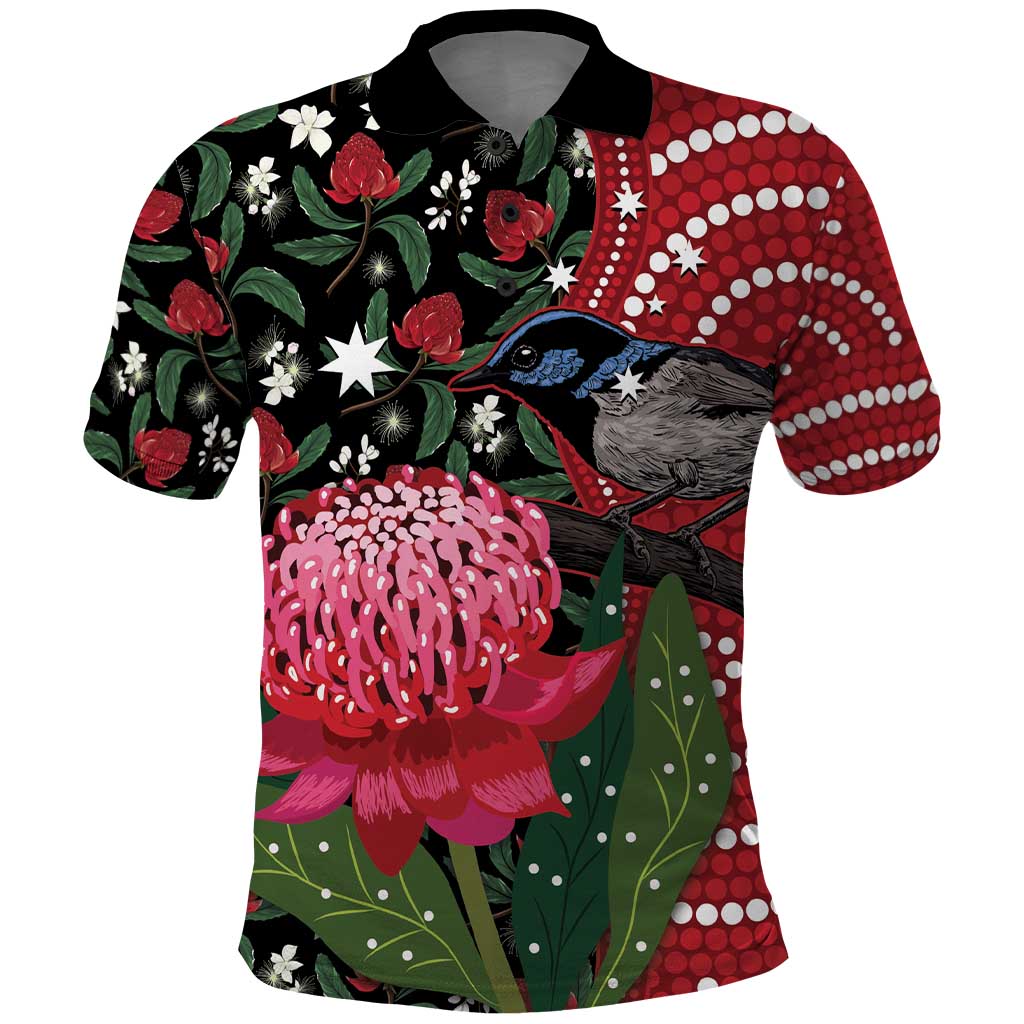 Personalised Australia Waratah And Superb Fairywren Polo Shirt Aboriginal Art
