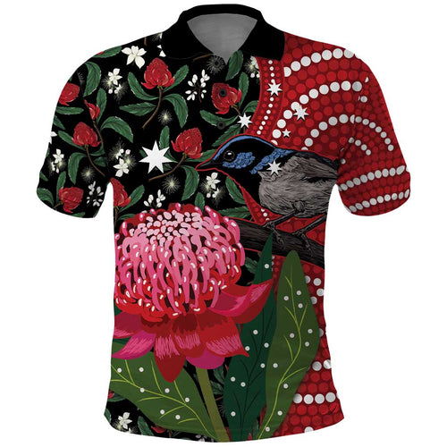 Personalised Australia Waratah And Superb Fairywren Polo Shirt Aboriginal Art