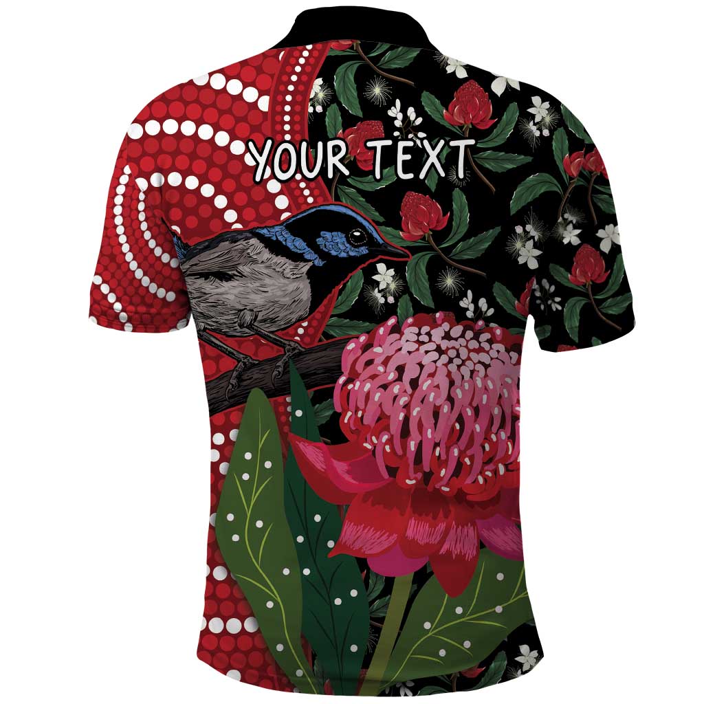 Personalised Australia Waratah And Superb Fairywren Polo Shirt Aboriginal Art
