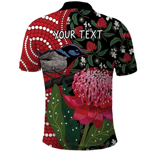 Personalised Australia Waratah And Superb Fairywren Polo Shirt Aboriginal Art