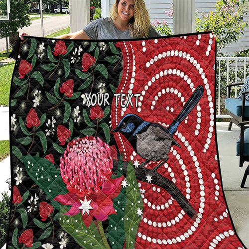 Personalised Australia Waratah And Superb Fairywren Quilt Aboriginal Art