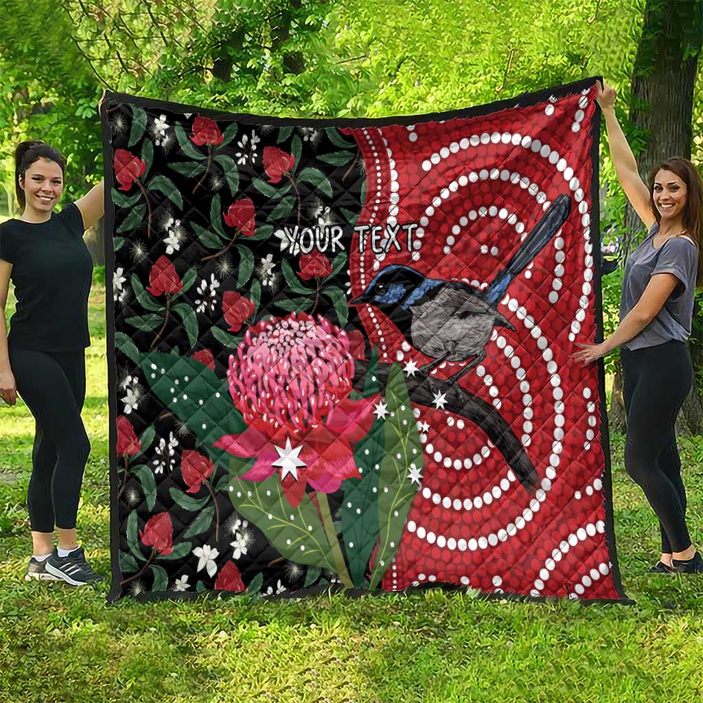 Personalised Australia Waratah And Superb Fairywren Quilt Aboriginal Art