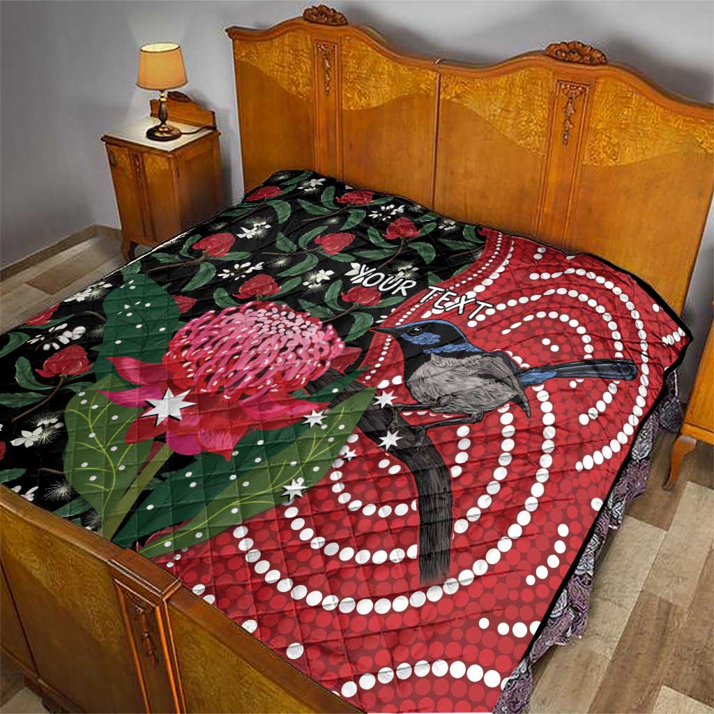 Personalised Australia Waratah And Superb Fairywren Quilt Aboriginal Art