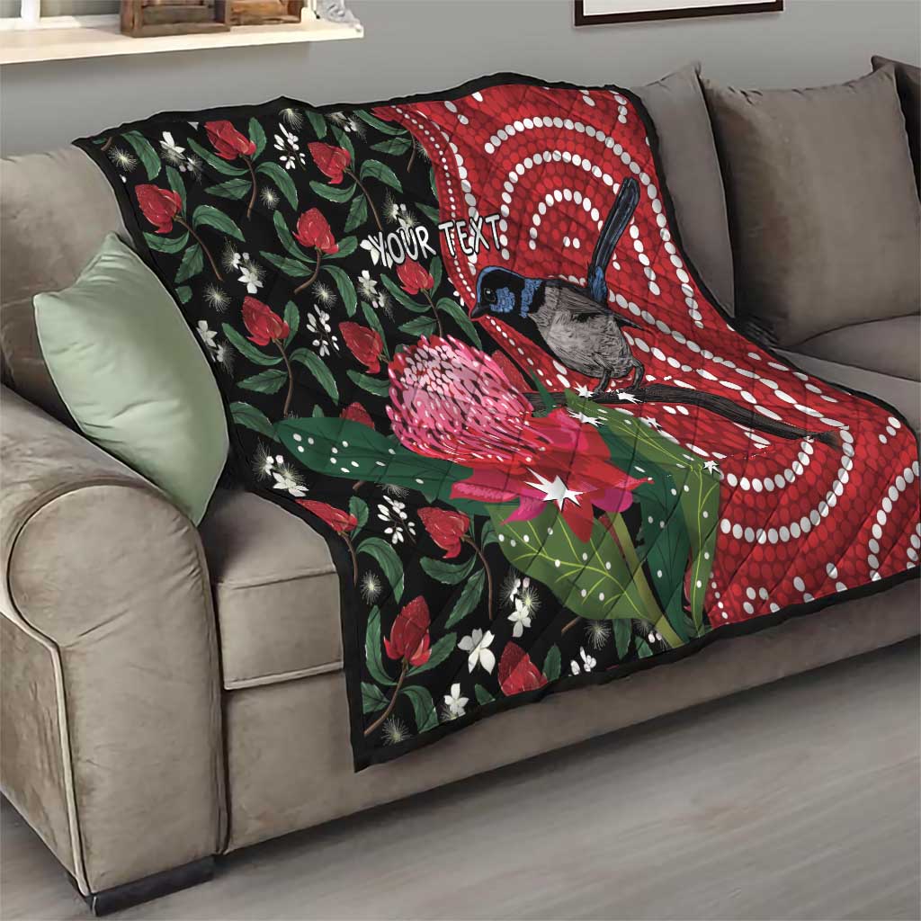 Personalised Australia Waratah And Superb Fairywren Quilt Aboriginal Art