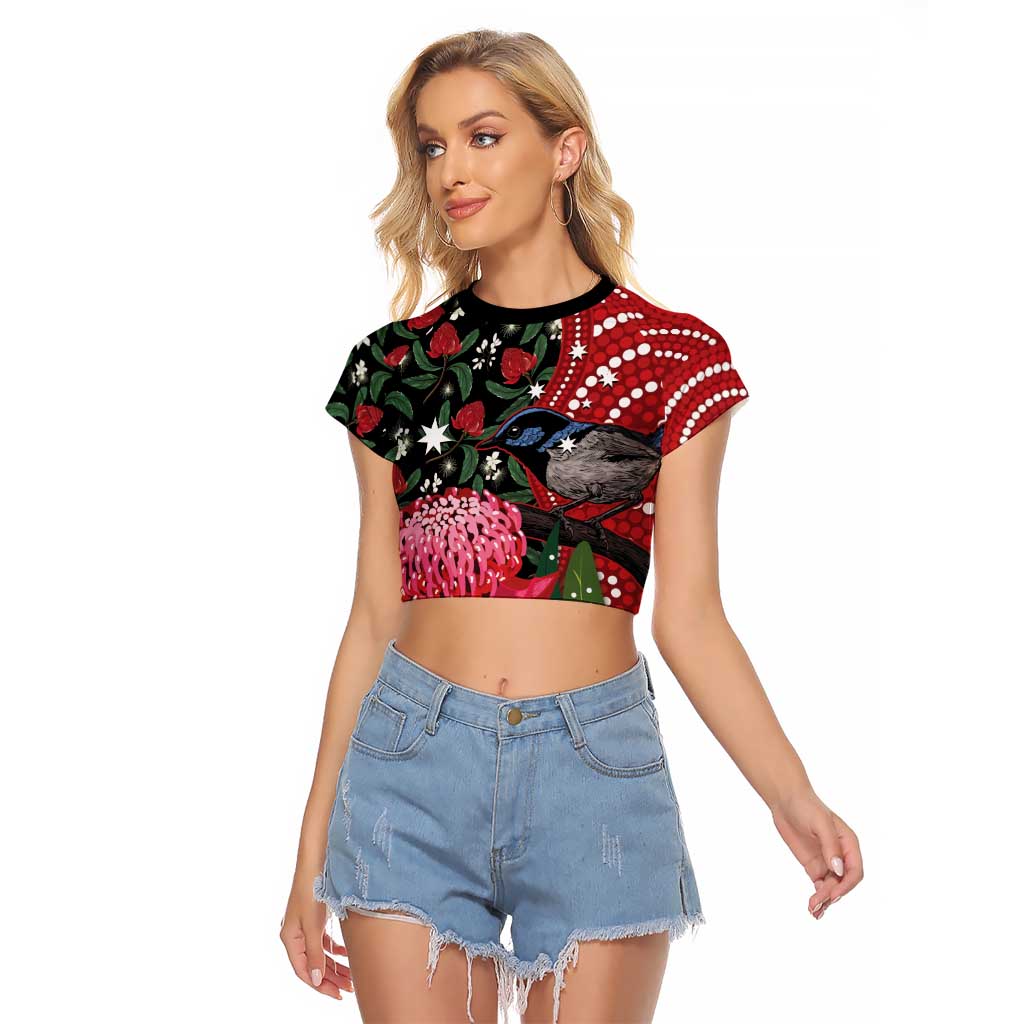 Personalised Australia Waratah And Superb Fairywren Raglan Cropped T Shirt Aboriginal Art