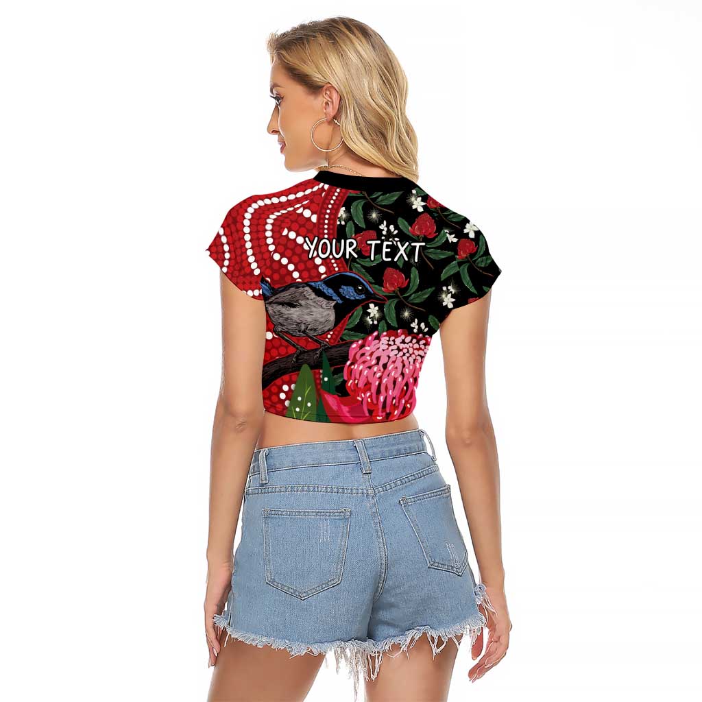 Personalised Australia Waratah And Superb Fairywren Raglan Cropped T Shirt Aboriginal Art