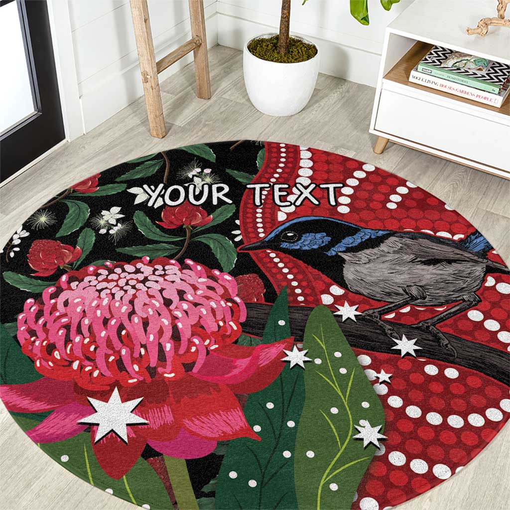 Personalised Australia Waratah And Superb Fairywren Round Carpet Aboriginal Art