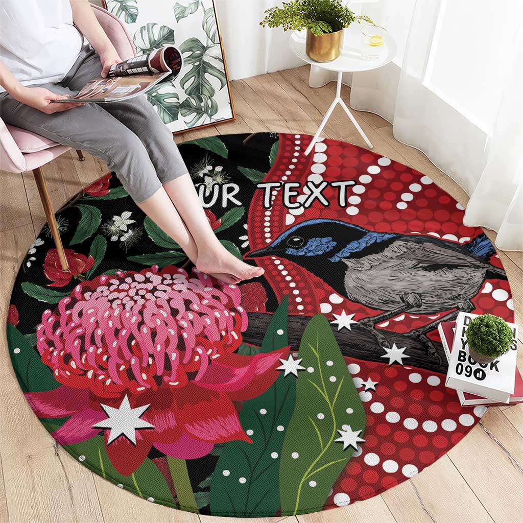 Personalised Australia Waratah And Superb Fairywren Round Carpet Aboriginal Art