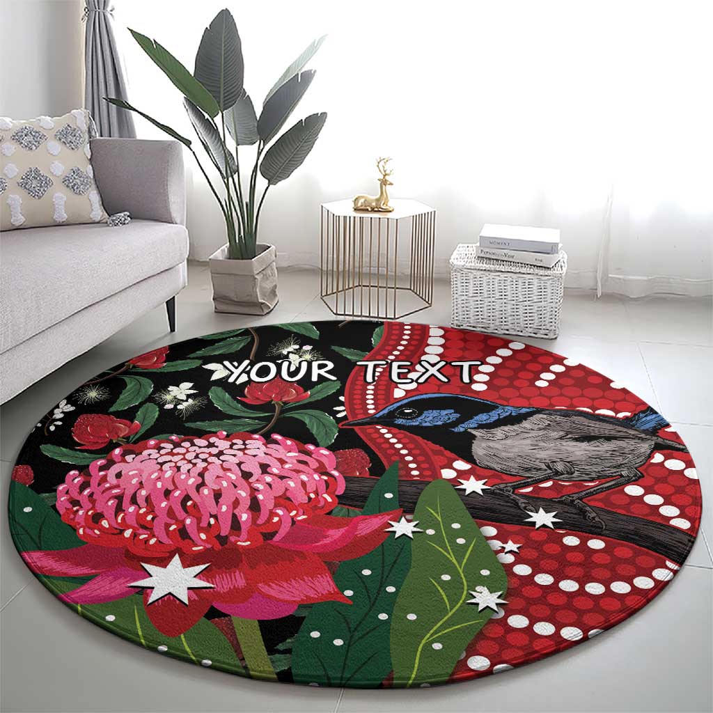 Personalised Australia Waratah And Superb Fairywren Round Carpet Aboriginal Art