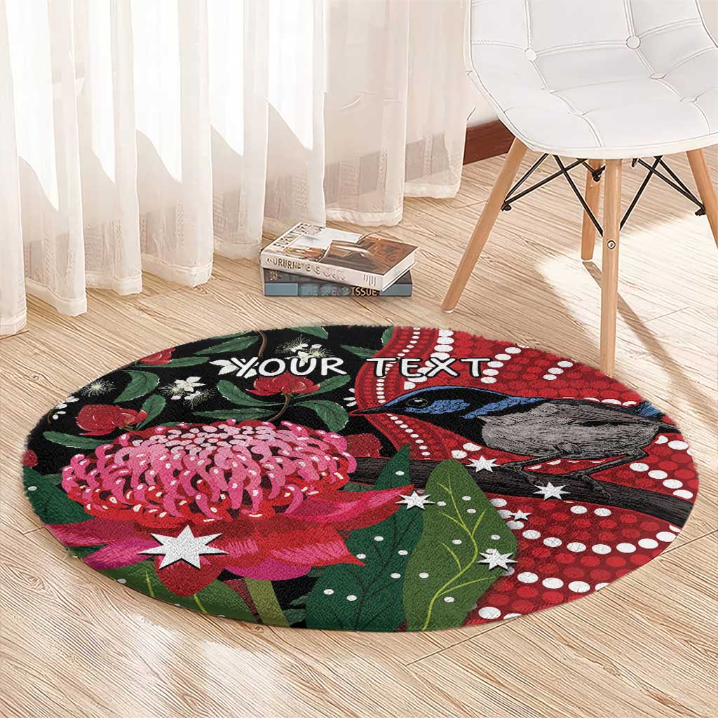 Personalised Australia Waratah And Superb Fairywren Round Carpet Aboriginal Art