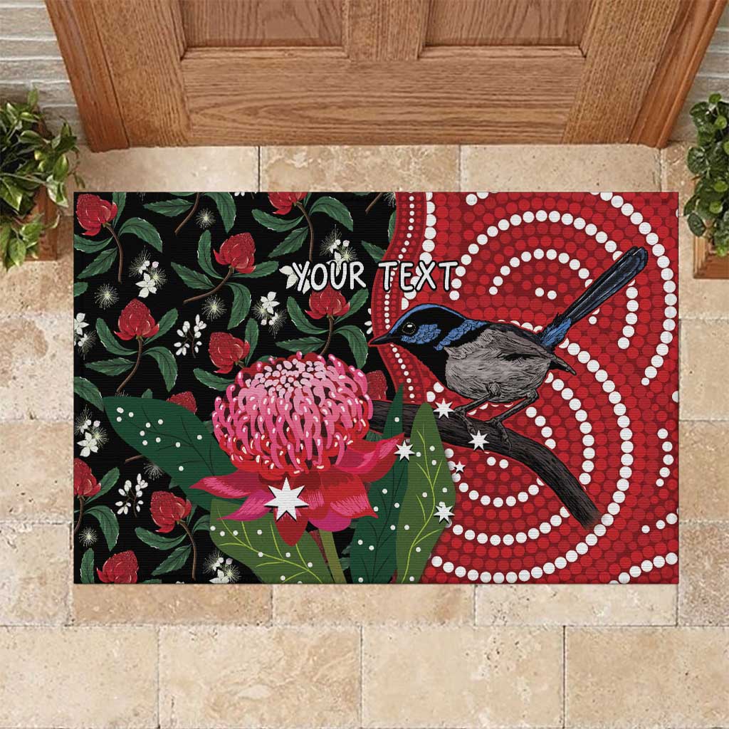 Personalised Australia Waratah And Superb Fairywren Rubber Doormat Aboriginal Art