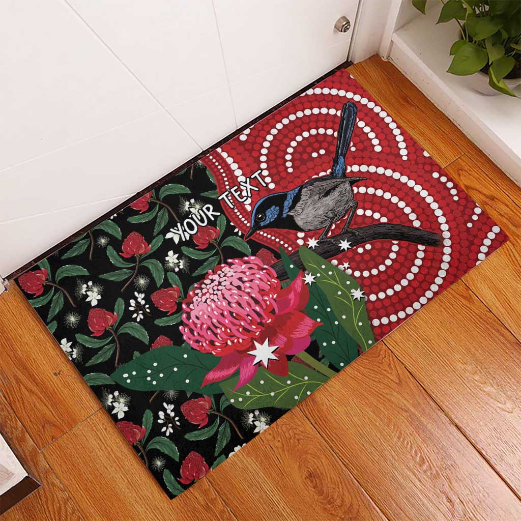 Personalised Australia Waratah And Superb Fairywren Rubber Doormat Aboriginal Art