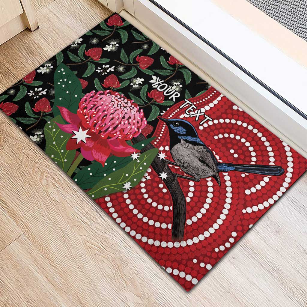 Personalised Australia Waratah And Superb Fairywren Rubber Doormat Aboriginal Art
