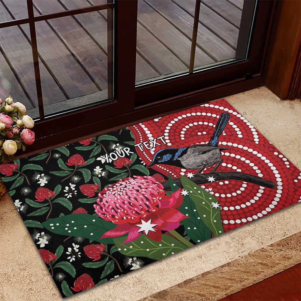 Personalised Australia Waratah And Superb Fairywren Rubber Doormat Aboriginal Art