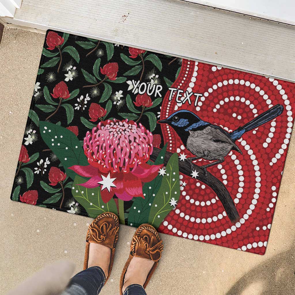 Personalised Australia Waratah And Superb Fairywren Rubber Doormat Aboriginal Art
