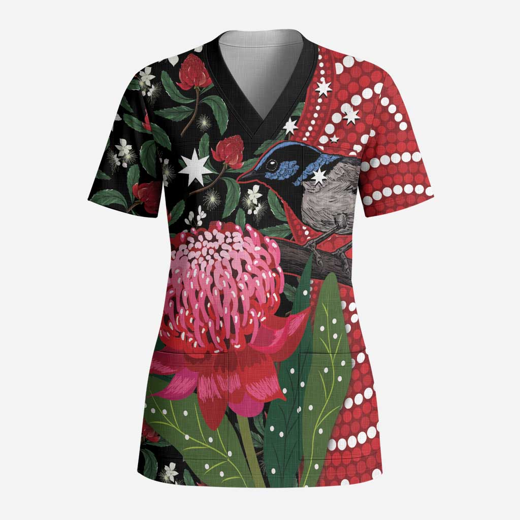 Personalised Australia Waratah And Superb Fairywren Scrub Top Aboriginal Art - Aussie Hoodie
