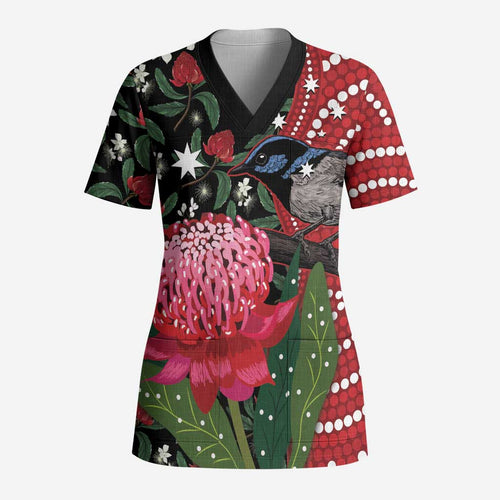 Personalised Australia Waratah And Superb Fairywren Scrub Top Aboriginal Art - Aussie Hoodie