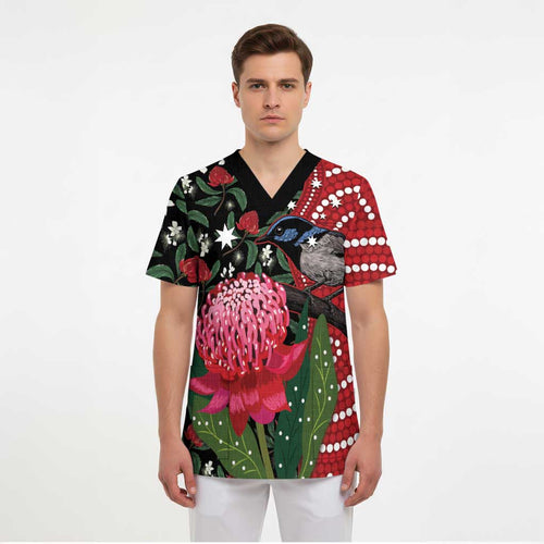 Personalised Australia Waratah And Superb Fairywren Scrub Top Aboriginal Art - Aussie Hoodie