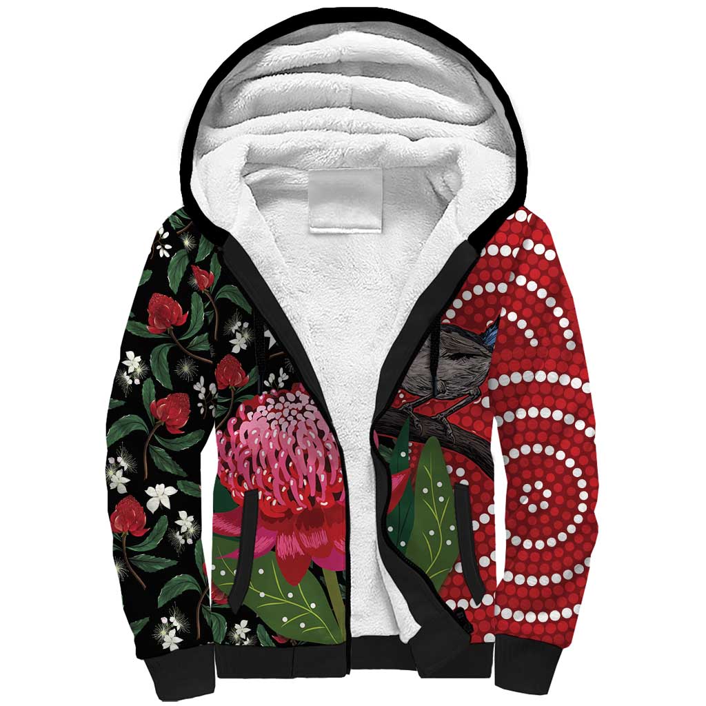 Personalised Australia Waratah And Superb Fairywren Sherpa Hoodie Aboriginal Art
